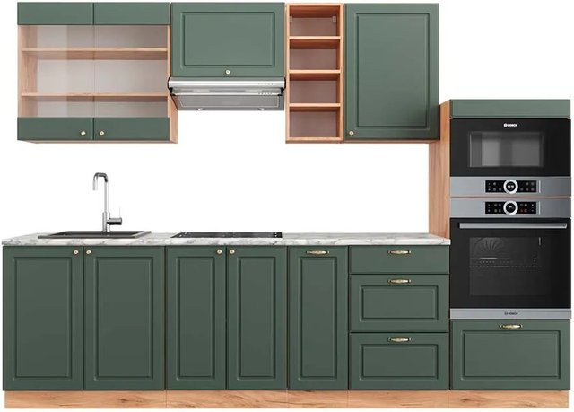 Vicco Fame-Line Küchenzeile Landhausstil in Grün-Gold mit Eiche-Optik und Marmor-Arbeitsplatte, B/T/H: 280 x 60 x 82 cm - Bild 1