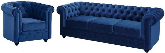 Vente-unique Chesterfield Couchgarnitur aus Samt mit 3-Sitzer-Sofa und Sessel in Königsblau, Breite: 205 cm, Tiefe: 82 cm - Bild 1
