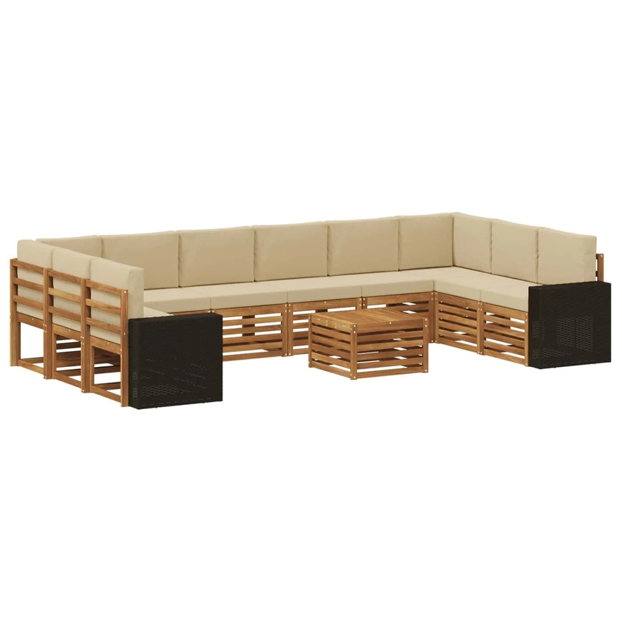vidaXL Outdoor-Sofagarnitur in U-Form aus Akazienholz mit 11 Teilen, Farbe Natur und Beige, mit wetterfesten Polyester-Kissen und Armlehnen - Bild 2