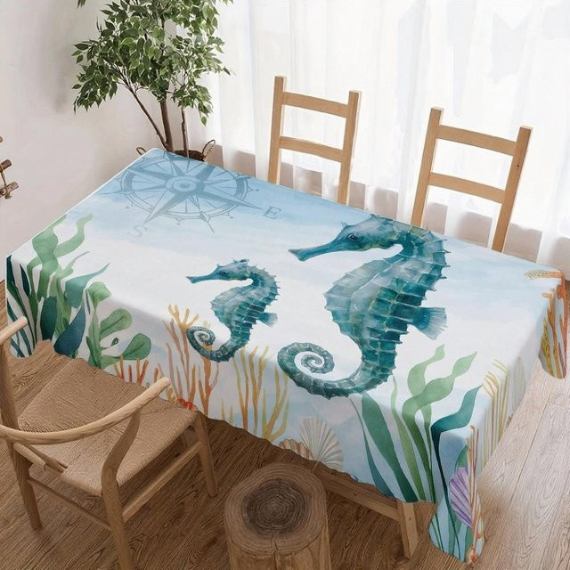 Wasserdichte quadratische Tischdecke mit Ozeanischem Seepferdchen-Motiv von JINGYUE Pet in Blau, B/B: 140 x 140 cm - Bild 1