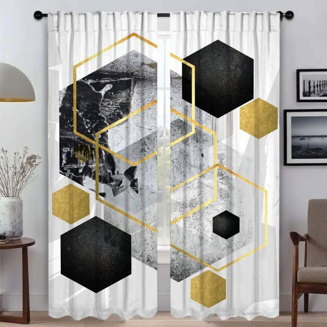 Moderne Verdunkelungsvorhänge mit geometrischem Prismen-Gittermuster aus Tüll, 2 Paneele, Farbe: Weiß, Breite: 60 cm, Höhe: 90 cm - Bild 1