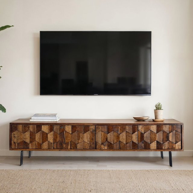 FineBuy Lowboard TV Board aus Sheesham Massivholz in Braun mit schwarzen Metallbeinen und 3D-Muster, Breite: 160 cm - Bild 1