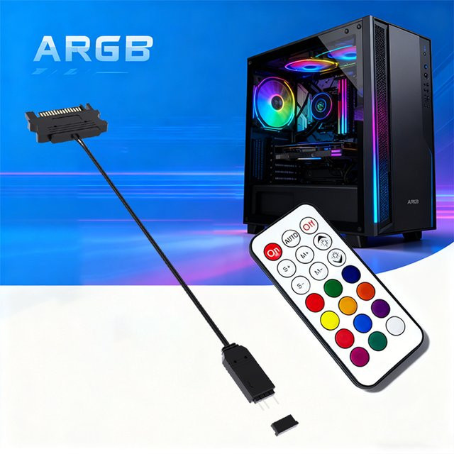 AuyiHomu ARGB-Lichtsteuerung mit Fernbedienung, 5V 3-Pin zu SATA Adapterkabel für PC ARGB-Beleuchtungs-Sync, Schwarz - Bild 1
