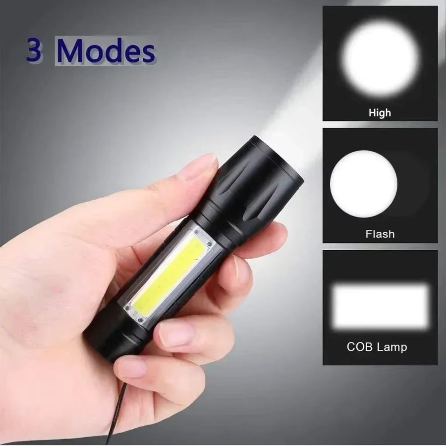 Mini-LED-Taschenlampe mit COB und XPE, tragbare taktische Taschenlampe mit USB-Aufladung, zoombare Leselampe in Schwarz mit Stiftclip - Bild 4