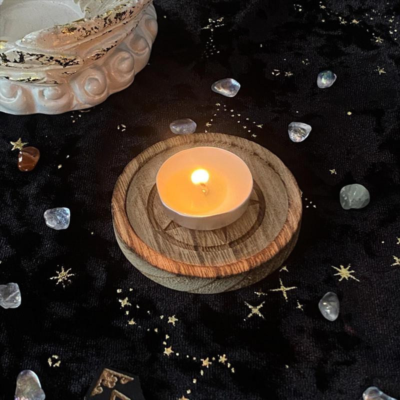 Holztablett mit Pentagramm in Braun als Ritualschale und Kerzenhalter für deine Astrologie-Dekoration - Bild 3
