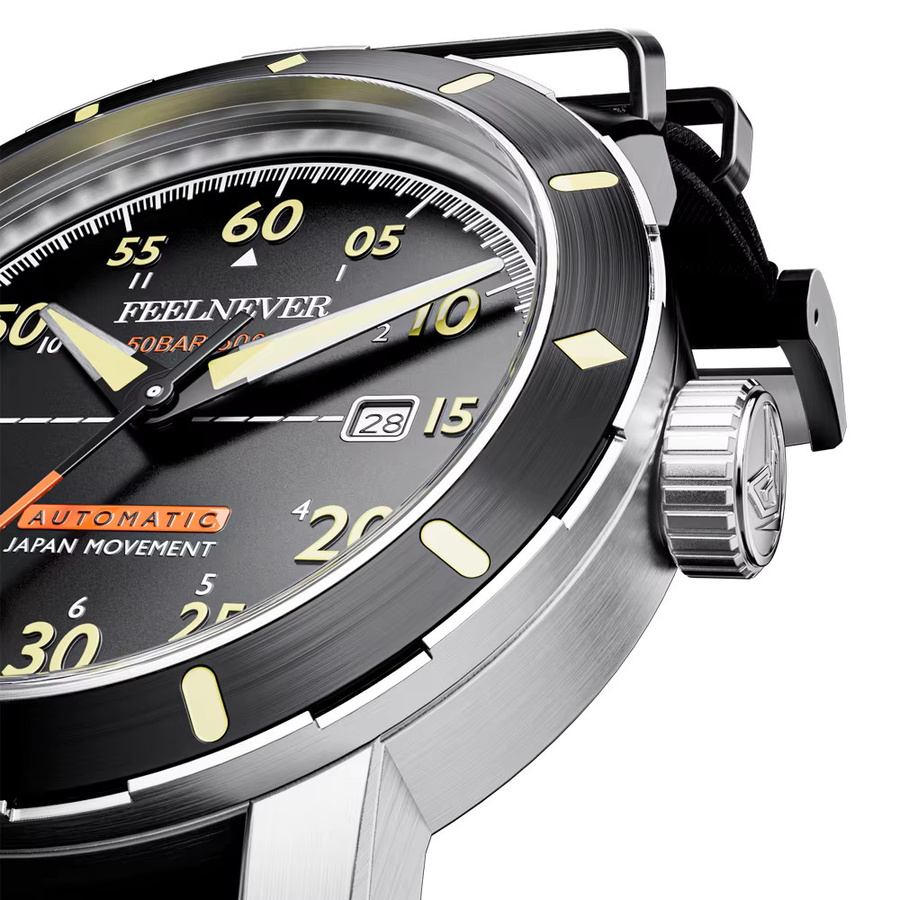 Feelnever Armbanduhr Automatik, Saphirglas, Textil/NATO, Herren, Schwarz - Bild 4
