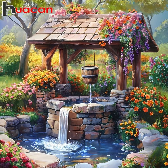 Huacan DIY Diamant-Malerei-Set Gartenbrunnen Blumen-Landschaft in Multicolour, B/H: 20 x 20 cm - Bild 1