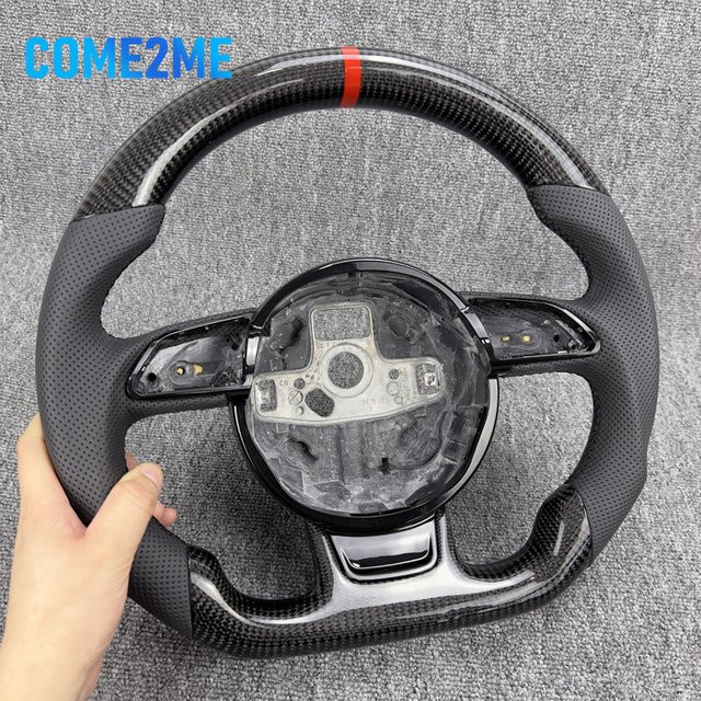 Kundenspezifisches Sportlenkrad für Audi A3 A4 A5 A6 A7 Q3 Q5 Q7 in Rot-Schwarz mit Carbon-Design und perforierter Oberfläche sowie flachem Boden - Bild 1