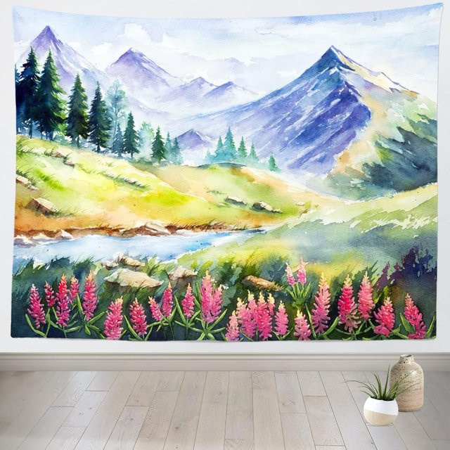 VIKAMA Minimalistischer Landschaftswandteppich mit blauen und violetten Bergen sowie rosa Blumenfeldern in grafischem Design - Bild 1