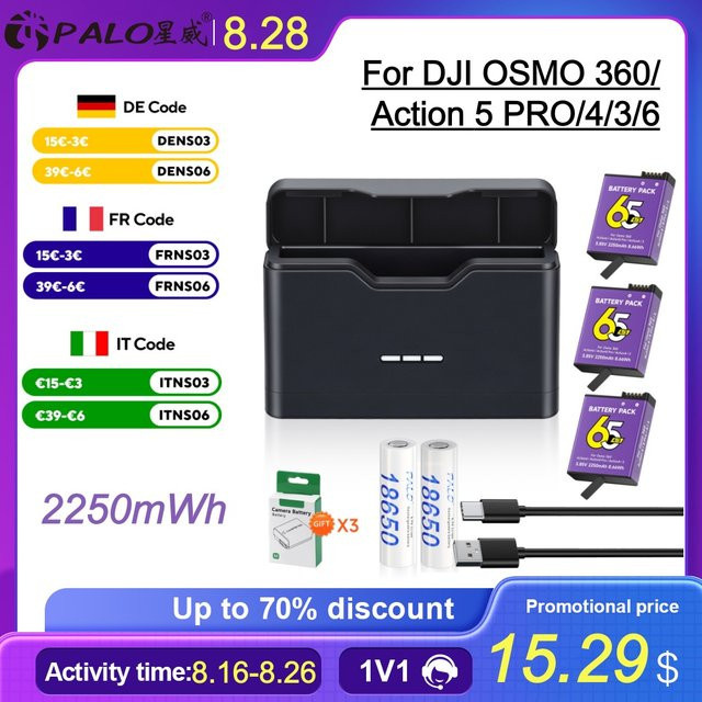 DJI Akku-Ladehülle für OSMO Action 6, Action 5 Pro, Action 4 und Action 3 mit 18650 Akku für Outdoor-Einsätze - Bild 1