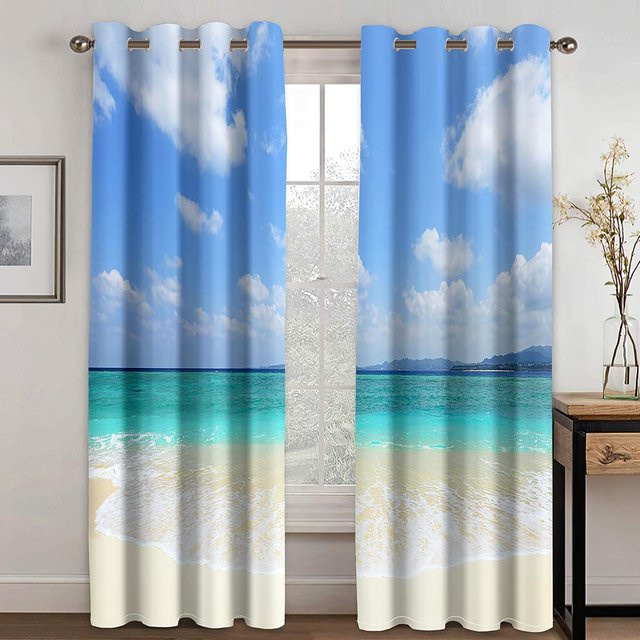 Yiran Furniture Vorhang mit Ozean-Landschaftsmotiv in Meeresblau und Weiß, 2 Paneele, semi-transparent, Polyester, Breite: 100 cm, Höhe: 130 cm - Bild 1