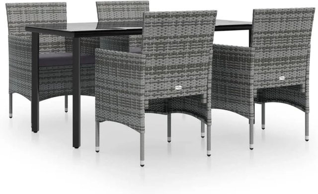 vidaXL 5-teilige Garten-Essgruppe aus PE-Rattan mit Hartglas-Tisch und Kissen in Grau und Schwarz - Bild 1