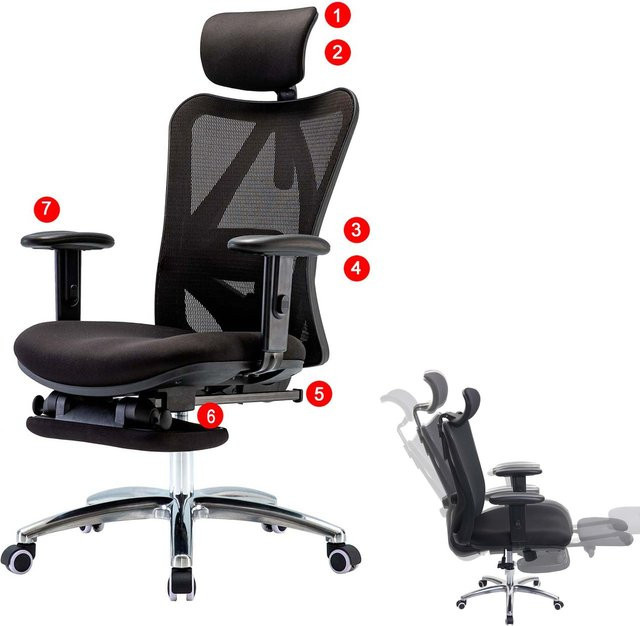 Ergonomischer SIHOO Bürostuhl in Schwarz mit verstellbarer Kopfstütze und Fußstütze, belastbar bis 150 kg - Bild 1