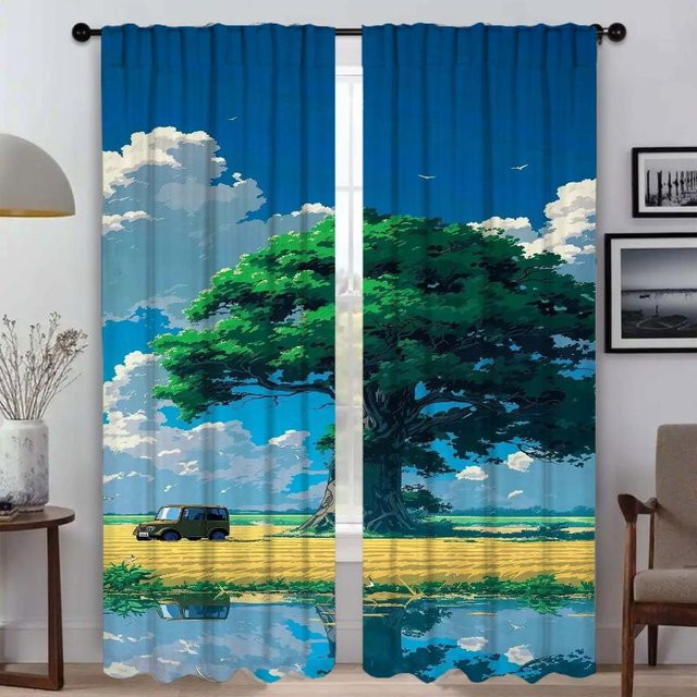 Elegante Küchenvorhänge mit Naturmotiv in Blau, 2er-Set, Breite: 50 cm, Höhe: 70 cm - Bild 1