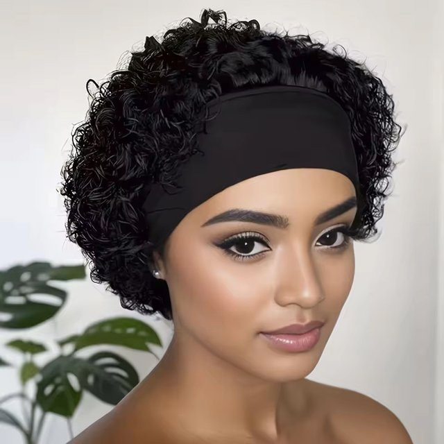 OYM HAIR Stirnband-Perücke, Pixie-Schnitt, kurze lockige Remy-Echthaar-Perücke, Schwarz - Bild 1