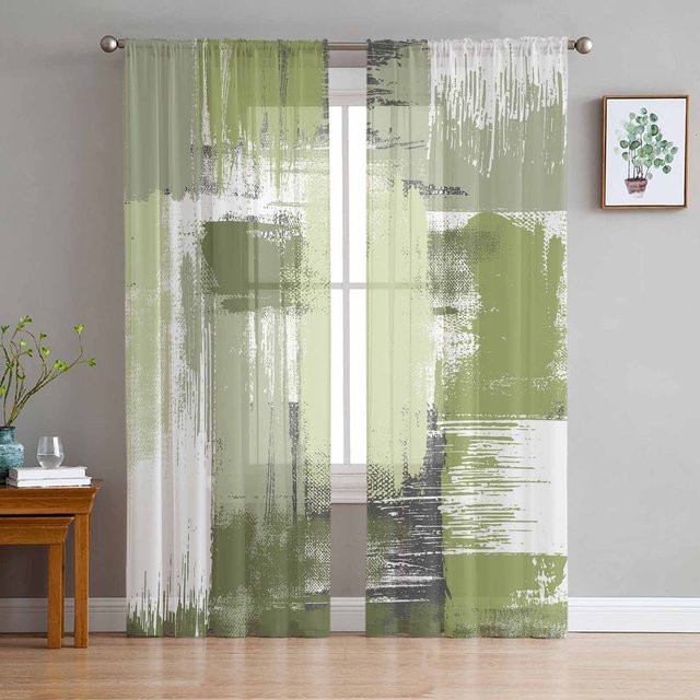 Transparente Tüll Voile Vorhänge mit geometrischer Abstraktion in Salbeigrün, Breite: 135 cm, Höhe: 160 cm - Bild 1