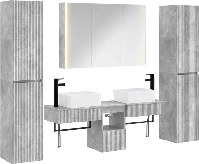 vidaXL Badezimmermöbel-Set 6-teilig in Betongrau aus Ingenieurholz und Glas mit LED-Beleuchtung und Spiegelschrank - Bild 1