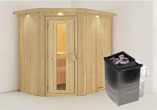 Karibu Sauna Vijandi aus Fichtenholz in Beige mit 9 kW Saunaofen und integrierter Steuerung für 3 Personen, B/T/H: 210 x 202 x 165 cm - Bild 1