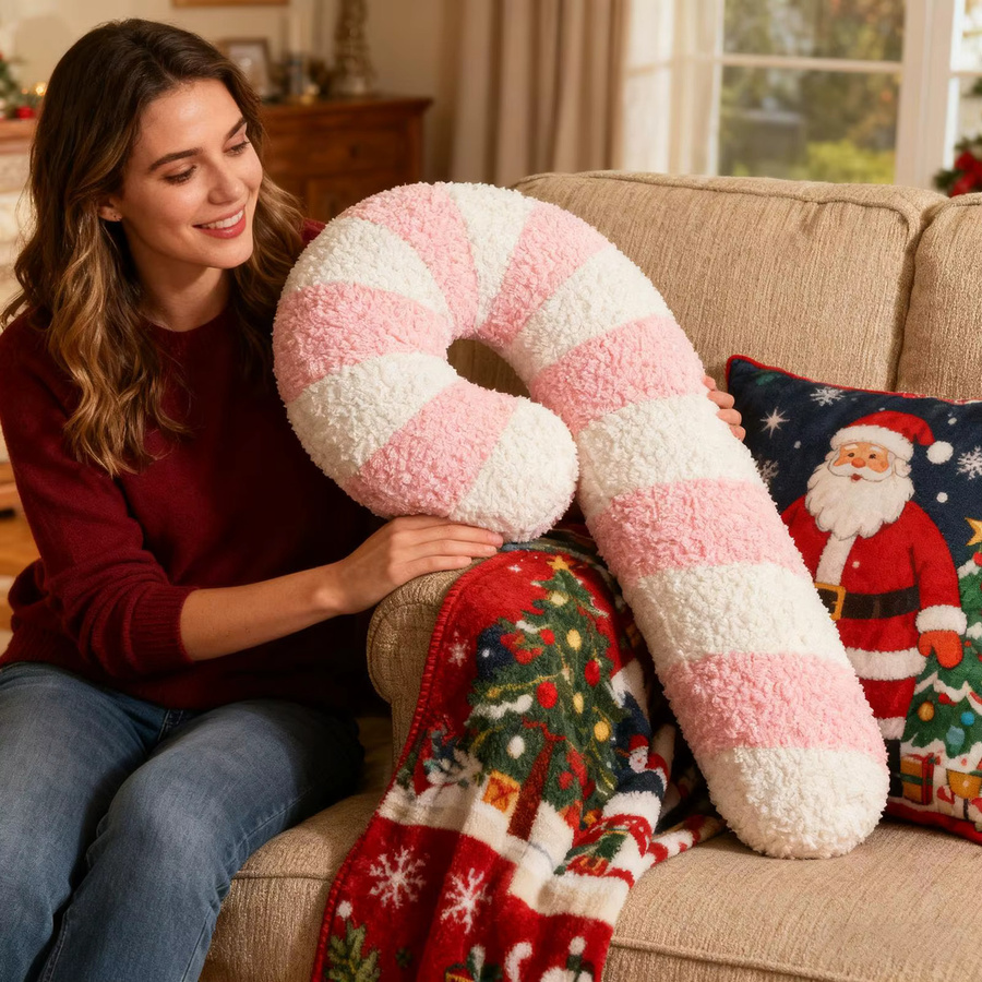 Dekoratives Weihnachtskissen in Zuckerstangen-Optik, lutscherförmiges Wurfkissen, gestreift, Farbe: Pink - Bild 2