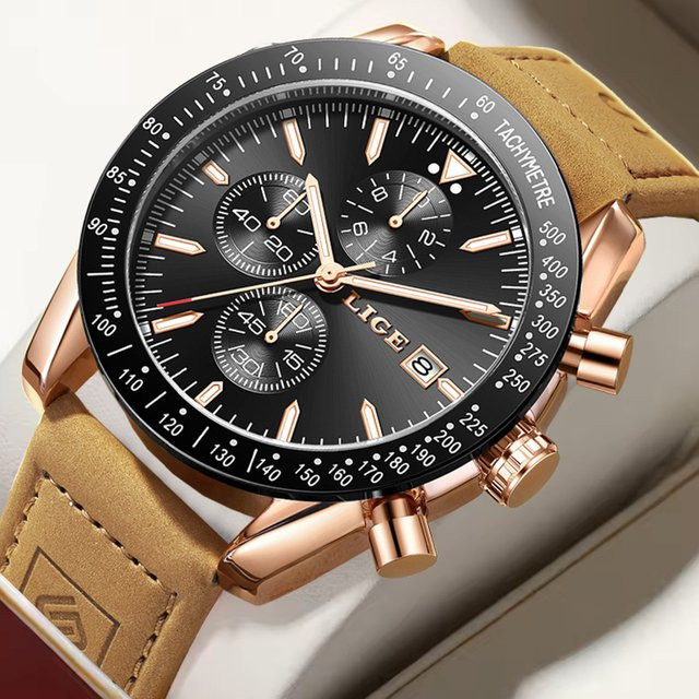 LIGE Chronograph, Quarz, Leder, Gold, Herren - Bild 1