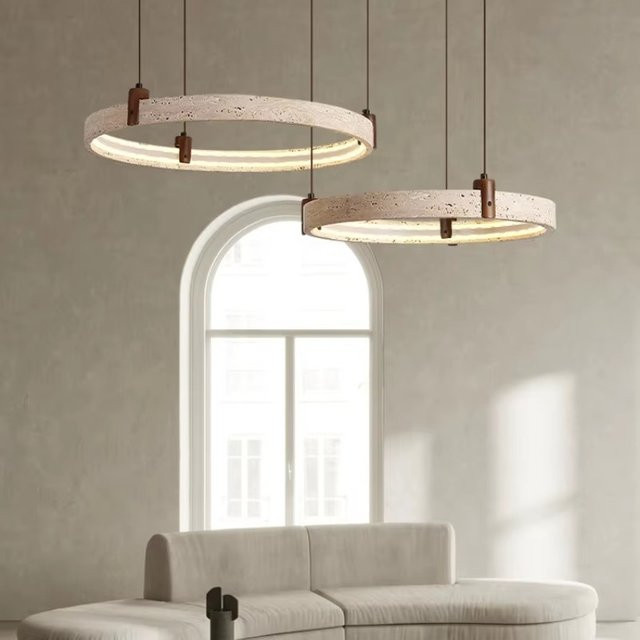 HomeLover LED-Ring-Pendelleuchte aus natürlichem Travertin in Gelb und Beige im minimalistischen Wabi-Sabi-Design - Bild 1