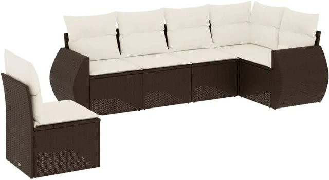 vidaXL 6-teilige Garten-Sofagarnitur in L-Form aus braunem Poly-Rattan mit cremeweißen Kissen und Stauraum - Bild 1