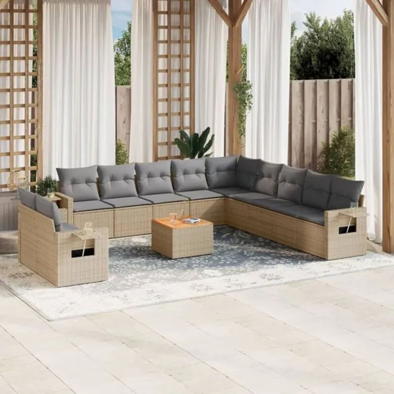 VIDAXL 12-tlg. Garten-Sofagarnitur aus Polyrattan mit Kissen in Beige und Grau - Bild 1