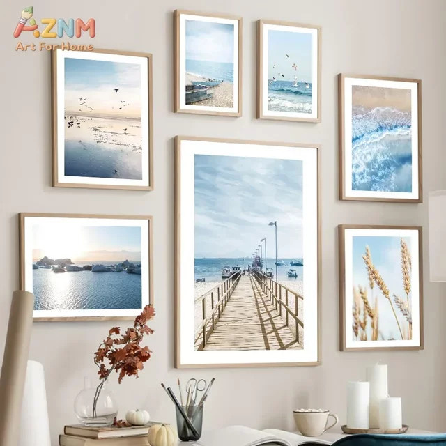 AZNM Leinwand-Wandkunst Küstenlandschaft mit Pier und Strand in Blau - Bild 1