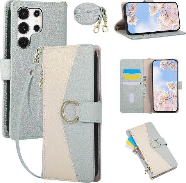 Crossbody Handyhülle aus Leder mit Kartenhalter und Brieftasche für Samsung Galaxy S26 Ultra S25 Edge S24 S23 S22 Plus S21 FE A57 A37 A17 A07 in Pink Multicolour - Bild 1