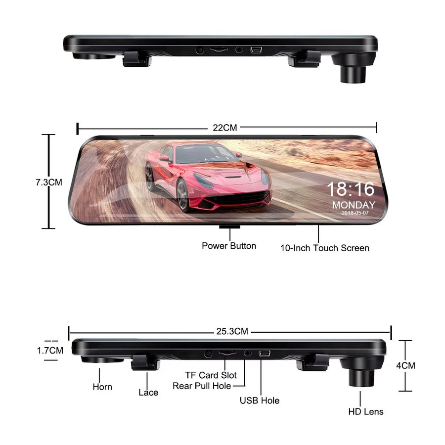 Acceo Dash Cam Spiegel Recorder mit 9,66 Zoll Touchscreen, Rückfahrkamera und Nachtsicht in Schwarz - Bild 4
