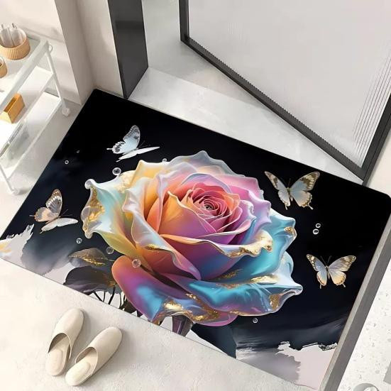 3D Rose Badezimmerteppich mit Schmetterlings-Design, rutschfester und saugfähiger Fußmatte aus Polyesterfaser, Mehrfarbig, Breite: 40 cm, Länge: 60 cm - Bild 3