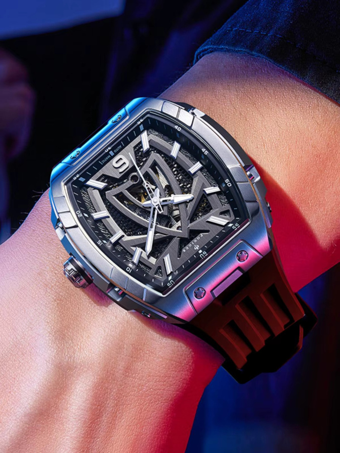 PONIGER Armbanduhr Automatik, Dual Skeleton Design, Edelstahl, Kautschukband, Herren - Bild 2