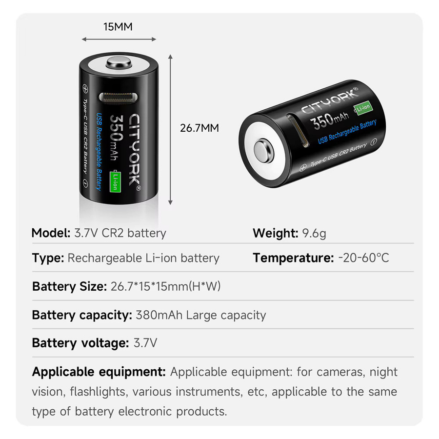 CITYORK CR2 Lithium-Akku in Schwarz für Drucker, Scheibenbremsen, GPS-Geräte, Entfernungsmesser, Laserstifte und LED-Taschenlampen - Bild 2