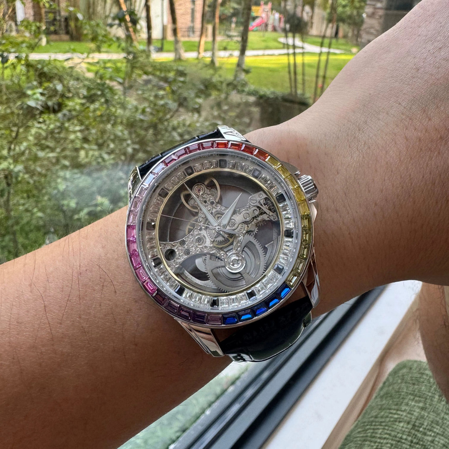 AOKULASIC Armbanduhr, Automatik, Edelstahl, Leder, Diamantbesetzt, Herren - Bild 2