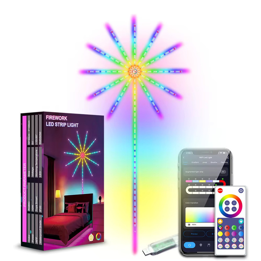 Smartes RGBIC LED Feuerwerk Streifen Licht mit Tuya WiFi und Fernbedienung, USB 5V Multicolour Musik-Synchronisation für Schlafzimmer und Weihnachtsdekoration - Bild 5