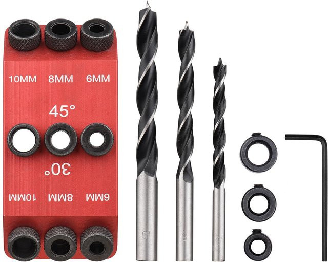 Koogeelife Holzbohrer-Set mit 30-45-90 Grad Bohrführung und 3 Bohrer in Rot aus Aluminiumlegierung, Durchmesser: 6 mm, 8 mm, 10 mm - Bild 1