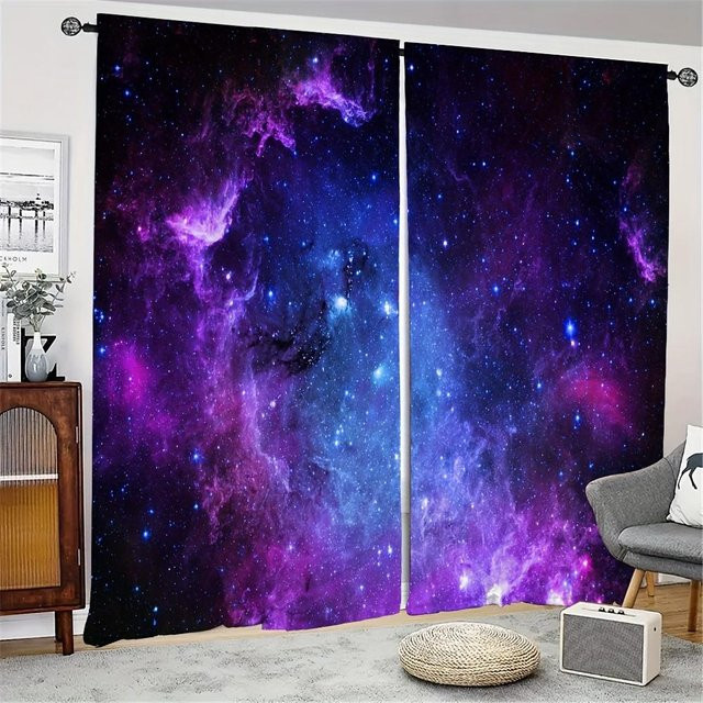 2er-Set Galaxy Vorhänge mit glänzenden Sternen und Sternenhimmel-Print, halbtransparent, Mehrfarbig, Breite: 65 cm, Höhe: 60 cm - Bild 1