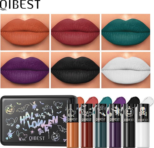QIBEST Lippenstift, 6er-Set, Matte Samt-Optik, Schwarz Rot Orange, Unisex - Bild 1