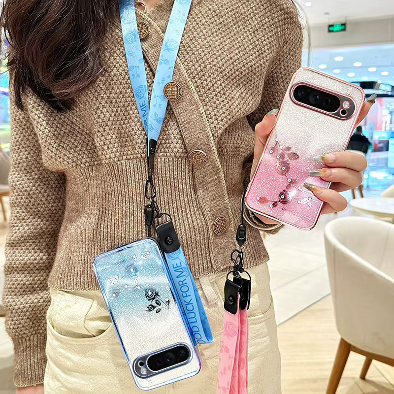 Gusakov Glitzer-Farbverlauf Telefonhülle mit ewiger Blume und galvanisierten Strass für Google Pixel 9 Pro, Pixel 10 Pro XL, 9A, 8 Pro und 8A in Multicolour und Blau - Bild 2