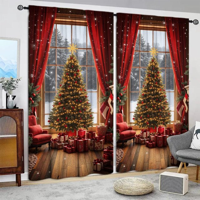 2er-Set Weihnachts Vorhänge mit Weihnachtsmotiv in Rot, halbtransparent, B: 132 cm, H: 160 cm - Bild 1