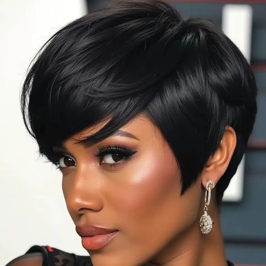 OYM HAIR Echthaar-Perücke, brasilianischer Pixie-Schnitt mit Pony, Damen - Bild 2