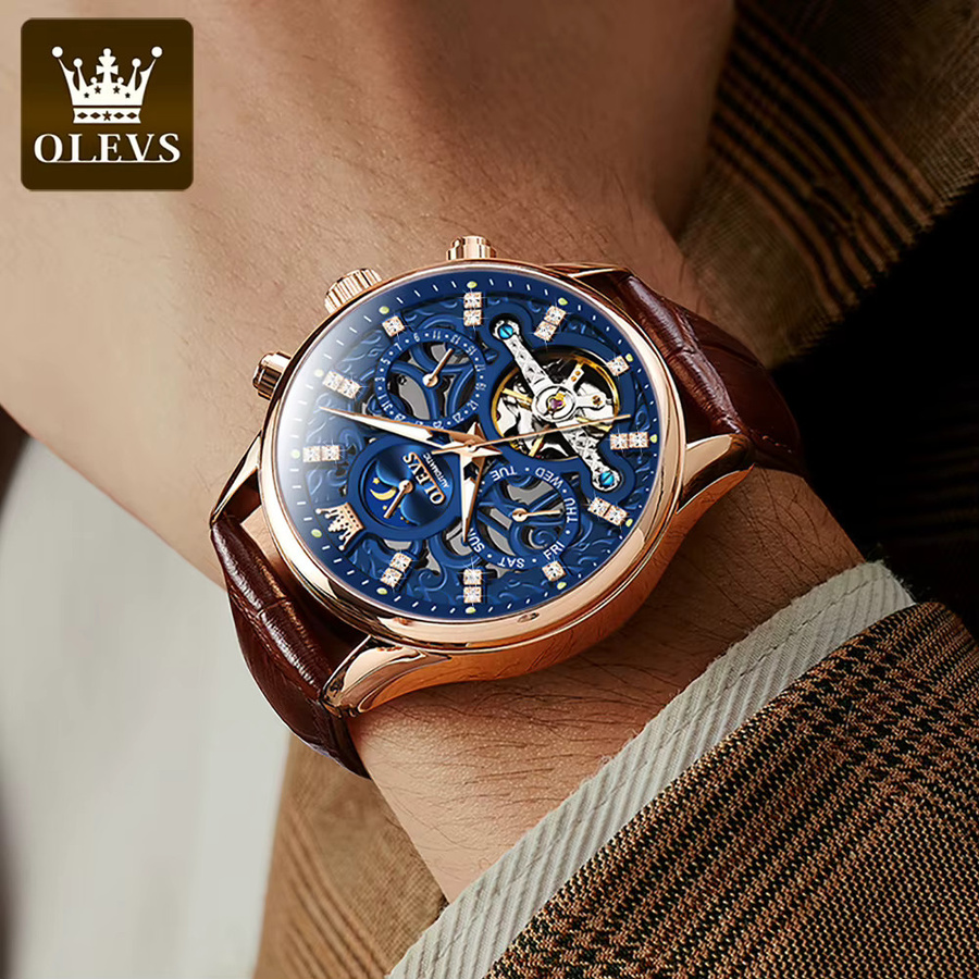 OLEVS Armbanduhr Automatik, Leder, Gold, Blau, Herren - Bild 2