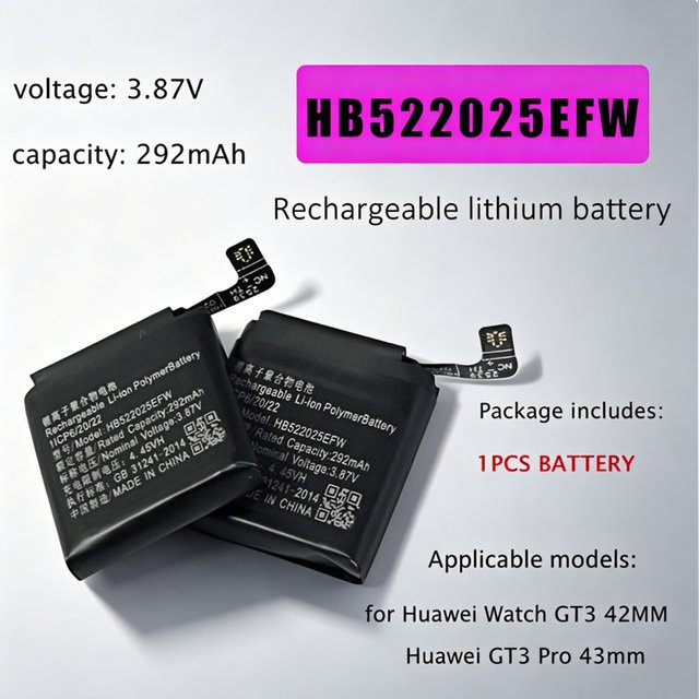 Huawei Ersatzakku HB522025EFW 292mAh für GT 3 42mm und GT3 Pro 43mm Smartwatch, Li-Ionen-Polymer-Akku, Schwarz - Bild 1