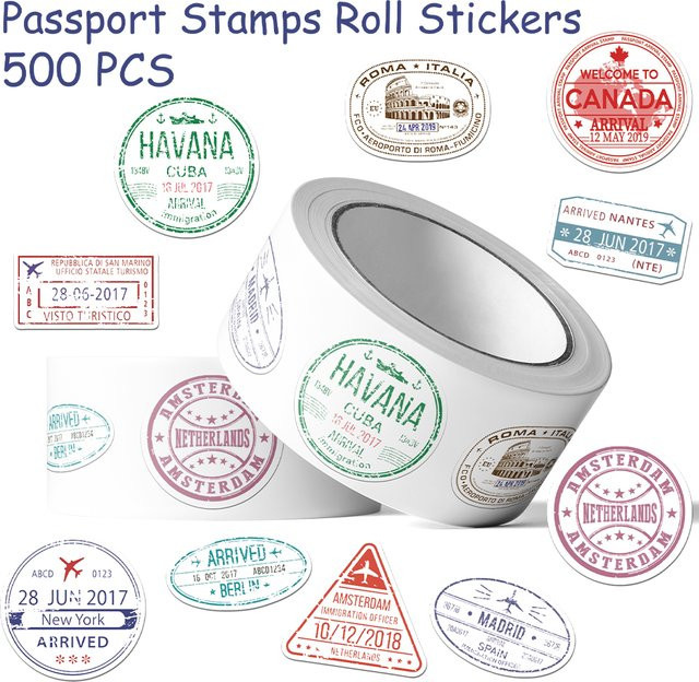500 Stück Reisepass-Stempel Aufkleber in Multicolour für Handy, Laptop, Scrapbook und Koffer, wasserfeste DIY Ästhetik Sticker - Bild 1