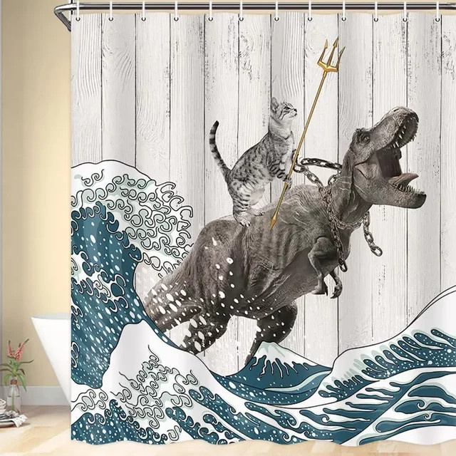 Lustiger Duschvorhang mit Katzen, Dinosaurier und japanischer Ozeanwelle für Kinder, mehrfarbig, Stoff, Höhe: 180 cm, Breite: 90 cm - Bild 1