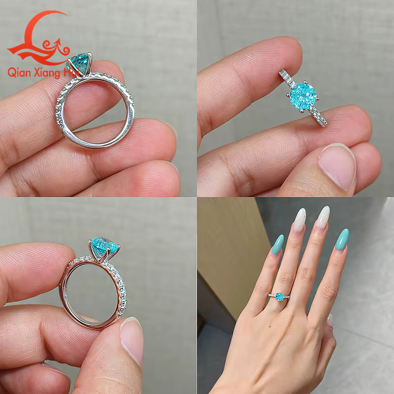 qian xiang hui Ring 925 Silber, Paraiba-Turmalin, Moissanit, Halb-Eternity-Band - Bild 2