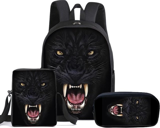 3er-Set Schultaschen mit Tiger-Motiv bestehend aus Rucksack, Umhängetasche und Federmäppchen in Schwarz aus Nylon - Bild 1