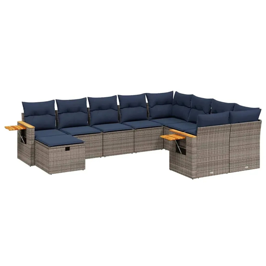 vidaXL 10-tlg. Garten-Sofagarnitur in L-Form aus Polyrattan und Akazienholz, Grau mit Kissen - Bild 2