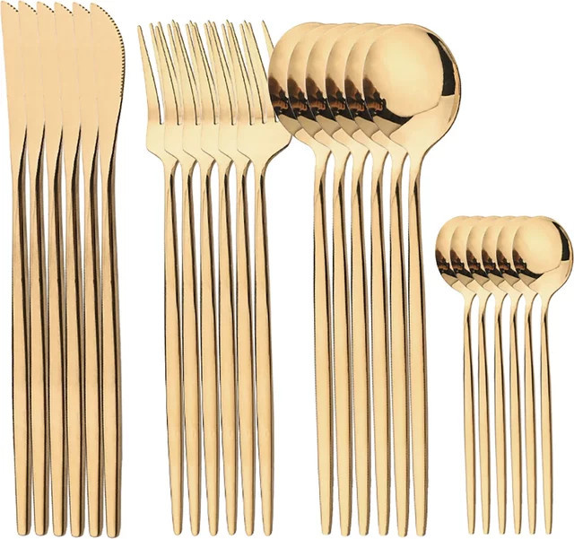 24-teiliges Edelstahl Besteckset von JAOER in Gold, poliertes Tafelbesteck mit Gabel, Messer, Löffel und Kaffeelöffel - Bild 1