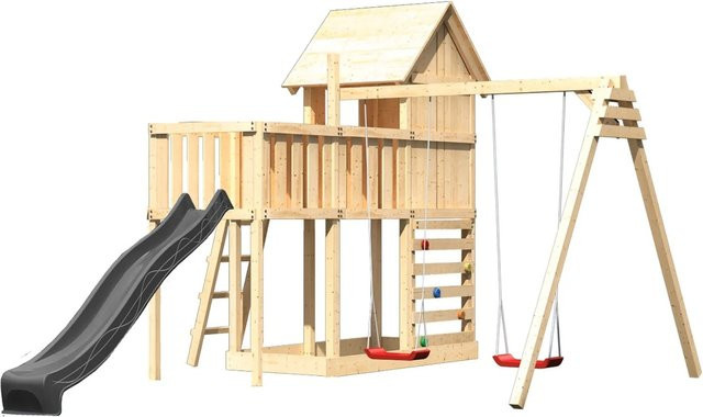 Karibu Spielhaus Frieda aus Massivholz in Anthrazit mit Rutsche, Schaukel, Plattform und Kletterwand - Bild 1